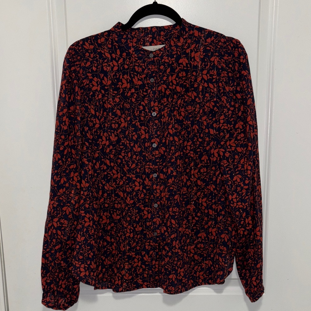 Women's Long-Sleeve Floral Button-Up Blouse - Navy & Rust